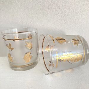 LIBBEY Vintage Golden Foliage Gold Leaf Highball Rocks Glass Tumblers Set of 2